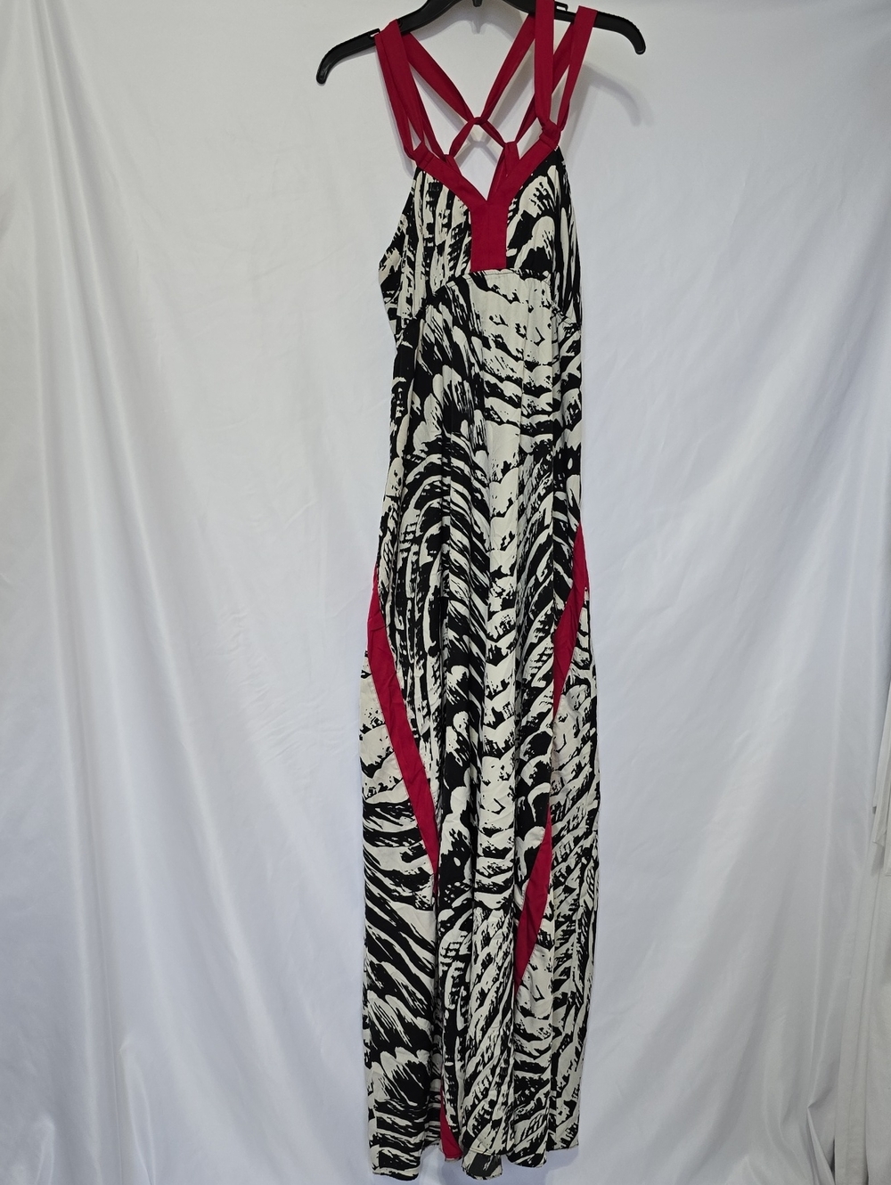 EXPRESS Lattice Back Double Strap Abstract Print Maxi Dress Pink Black White M